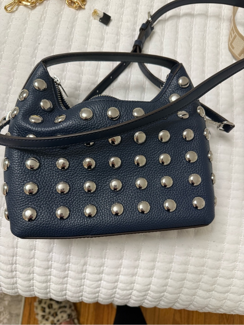 Michael Kors Navy Studded Pebbled Leather Crossbody - Picture 2 of 3
